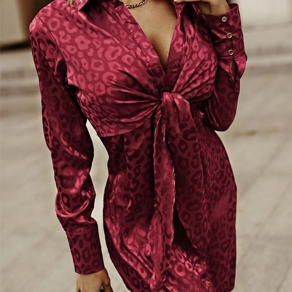 HOST PICK Red Burgundy Leopard Animal Pattern Tie Knot Satin Mini Dress Tunic L - Picture 8 of 11
